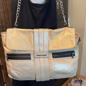 Lanvin Metallic Cream Shoulder Bag with Chain Strap and Front Zips